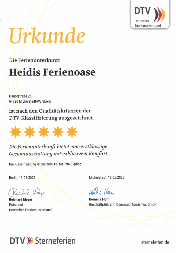 Urkunde 5 Sterne Unterkunft